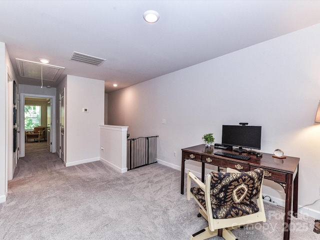 office area featuring attic access, carpet floors, baseboards, and recessed lighting