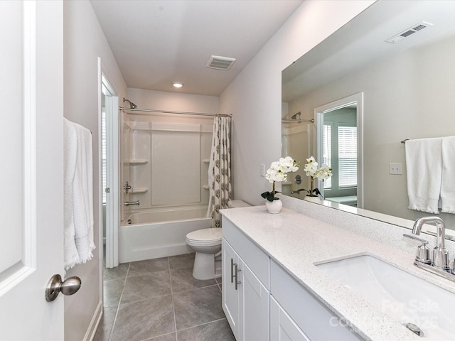 full bath with tile patterned floors, vanity, toilet, shower / bath combo, and recessed lighting