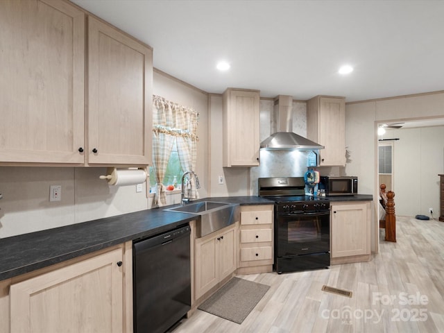 2234 Emerald Mine Rd, Shelby, NC 28152 - kitchen featuring light brown cabinets, black appliances, and wall chimney exhaust hood