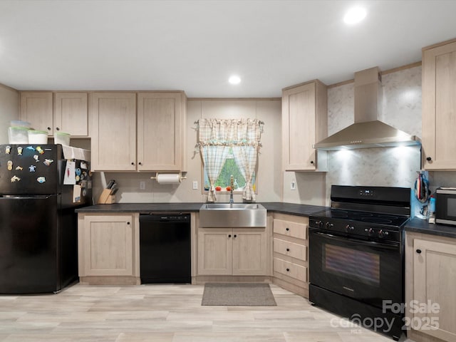 2234 Emerald Mine Rd, Shelby, NC 28152 - kitchen with wall chimney range hood, light brown cabinetry, a sink, and black appliances