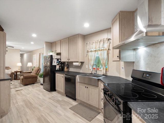 2234 Emerald Mine Rd, Shelby, NC 28152 - kitchen with wall chimney range hood, dark countertops, a sink, black appliances, and open floor plan