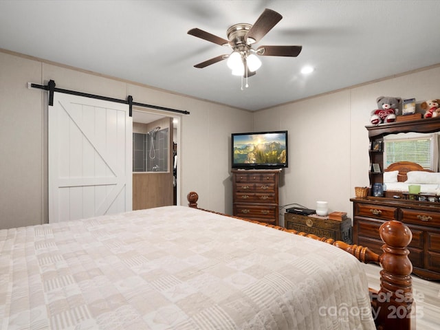 2234 Emerald Mine Rd, Shelby, NC 28152 - bedroom with a ceiling fan, wood finished floors, ornamental molding, and a barn door