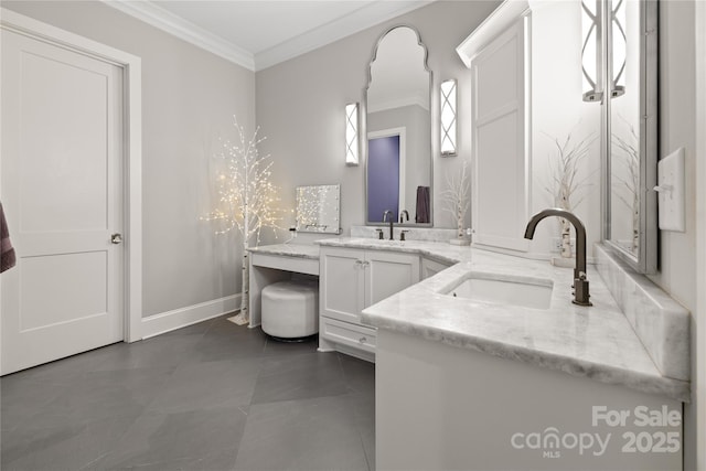 bathroom featuring tile patterned floors, vanity, baseboards, and ornamental molding