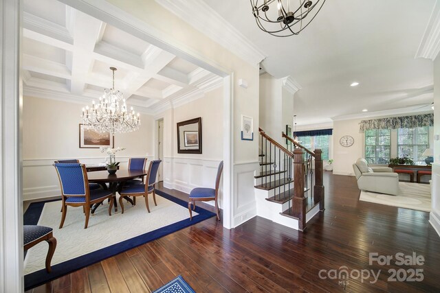 141 Forsythia Ln, Tega Cay, SC 29708 - dining room with ornamental molding, a chandelier, recessed lighting, stairs, and hardwood / wood-style floors