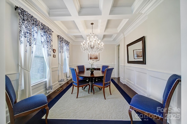 141 Forsythia Ln, Tega Cay, SC 29708 - dining room featuring a chandelier, dark wood-style flooring, beam ceiling, and coffered ceiling