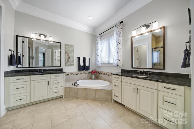 141 Forsythia Ln, Tega Cay, SC 29708 - bathroom featuring a sink, tile patterned flooring, crown molding, and a garden tub