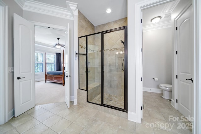 141 Forsythia Ln, Tega Cay, SC 29708 - bathroom with a ceiling fan, a stall shower, ensuite bathroom, and ornamental molding