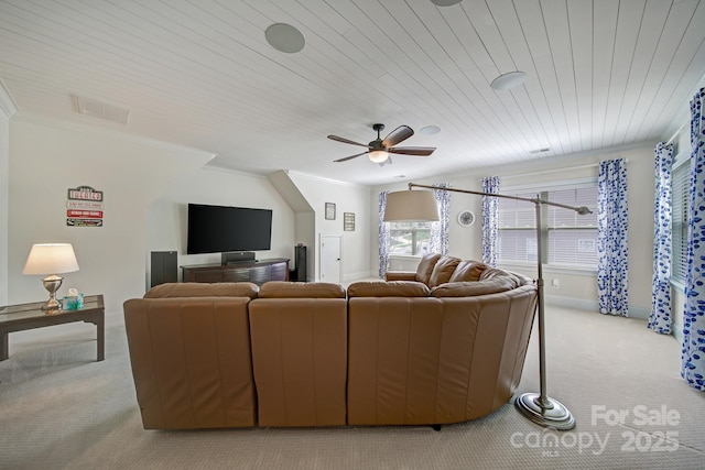 141 Forsythia Ln, Tega Cay, SC 29708 - living room with wood ceiling, carpet flooring, baseboards, and ceiling fan