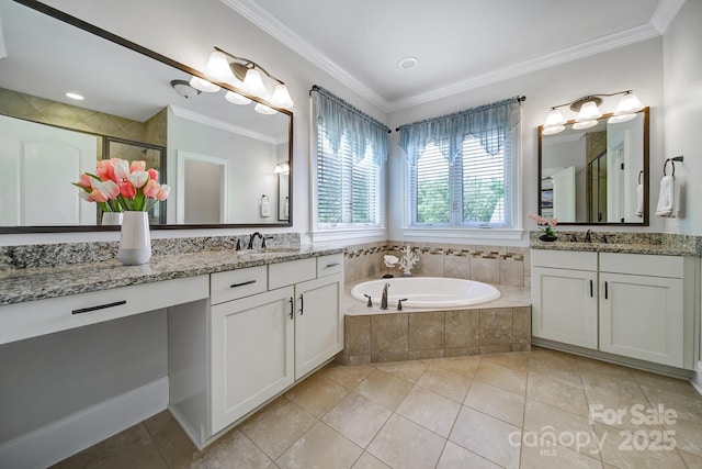 141 Forsythia Ln, Tega Cay, SC 29708 - full bathroom with a shower stall, a garden tub, a sink, and crown molding