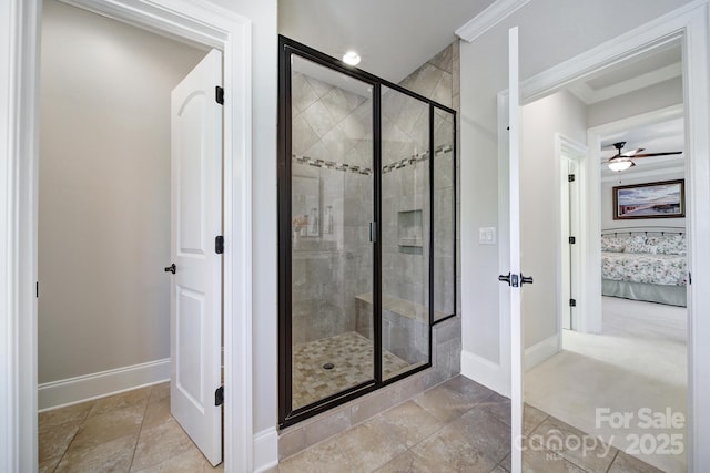 141 Forsythia Ln, Tega Cay, SC 29708 - bathroom featuring crown molding, baseboards, ensuite bath, and a stall shower