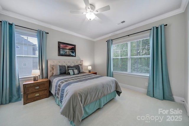 141 Forsythia Ln, Tega Cay, SC 29708 - bedroom featuring crown molding, ceiling fan, light colored carpet, visible vents, and baseboards
