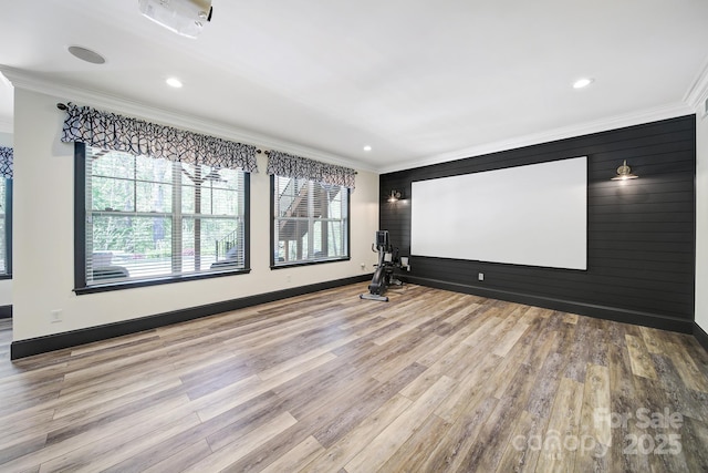 141 Forsythia Ln, Tega Cay, SC 29708 - home theater room featuring baseboards, recessed lighting, light wood-type flooring, and ornamental molding