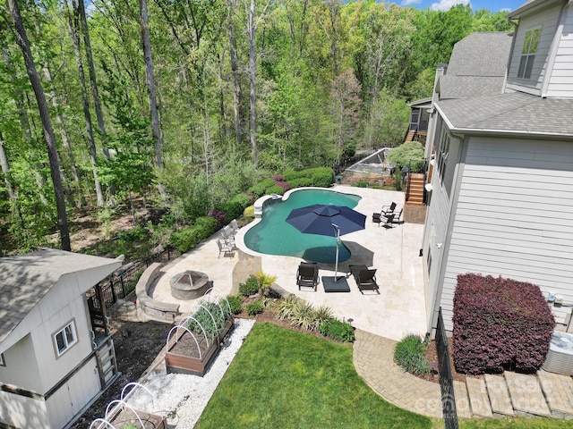 141 Forsythia Ln, Tega Cay, SC 29708 - pool featuring a garden, an outdoor fire pit, a lawn, a patio, and stairs
