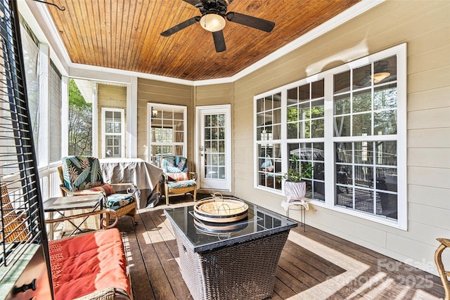sunroom featuring plenty of natural light and ceiling fan