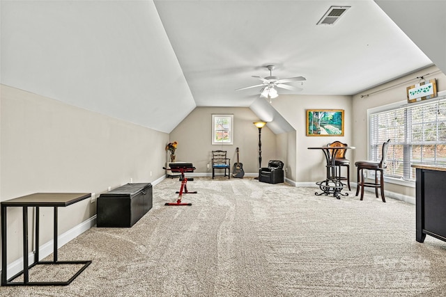 game room featuring carpet floors, a ceiling fan, baseboards, lofted ceiling, and visible vents