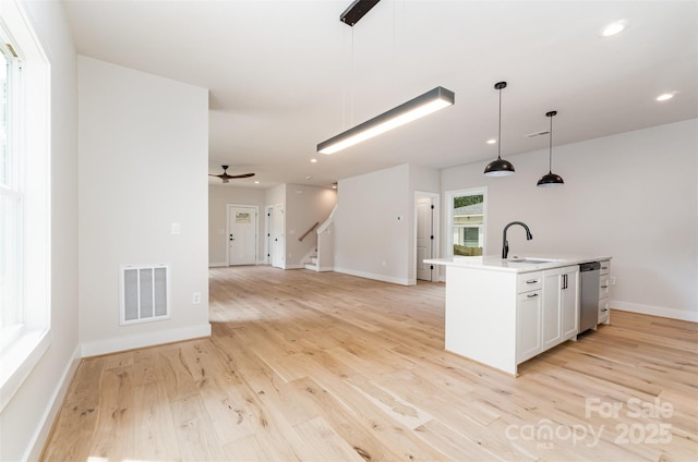 2512 Remington St, Charlotte, NC 28216 - kitchen with a sink, light wood-type flooring, stainless steel dishwasher, decorative light fixtures, and white cabinets