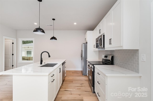 2512 Remington St, Charlotte, NC 28216 - kitchen with stainless steel appliances, a sink, light wood-style flooring, tasteful backsplash, and white cabinetry