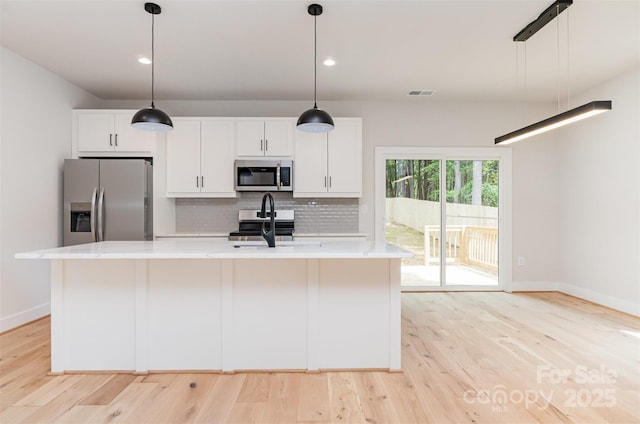 2512 Remington St, Charlotte, NC 28216 - kitchen with appliances with stainless steel finishes, decorative backsplash, light countertops, white cabinets, and recessed lighting