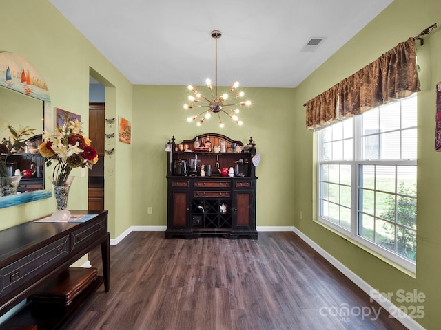 5102 Candleglow Ct, Indian Trail, NC 28079 - dining space with baseboards, a chandelier, visible vents, and dark wood-type flooring