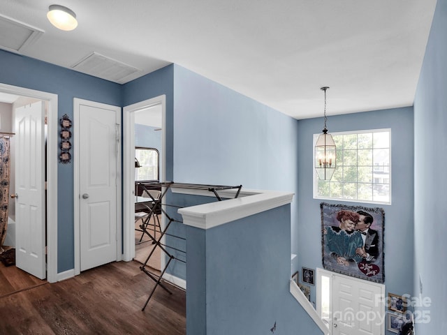 5102 Candleglow Ct, Indian Trail, NC 28079 - hall featuring visible vents, dark wood finished floors, baseboards, and an upstairs landing