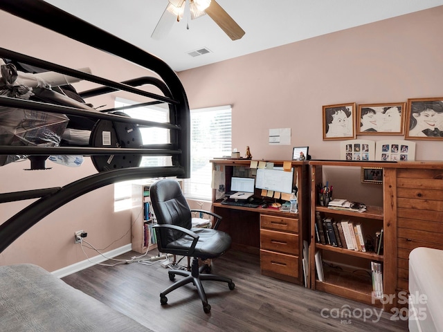 5102 Candleglow Ct, Indian Trail, NC 28079 - office area with visible vents, a ceiling fan, and wood finished floors