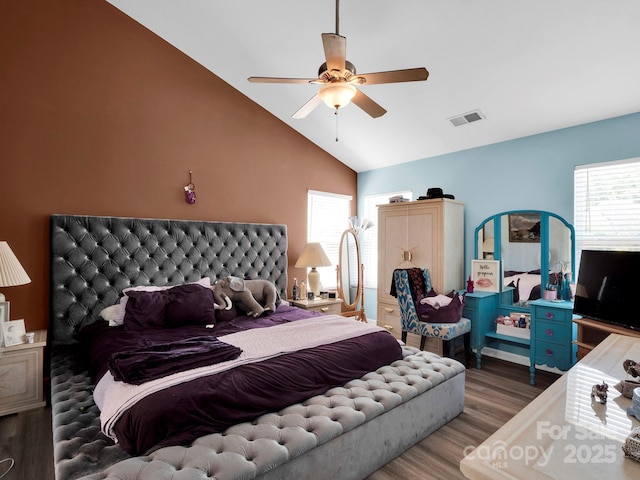 5102 Candleglow Ct, Indian Trail, NC 28079 - bedroom featuring high vaulted ceiling, a ceiling fan, wood finished floors, and visible vents