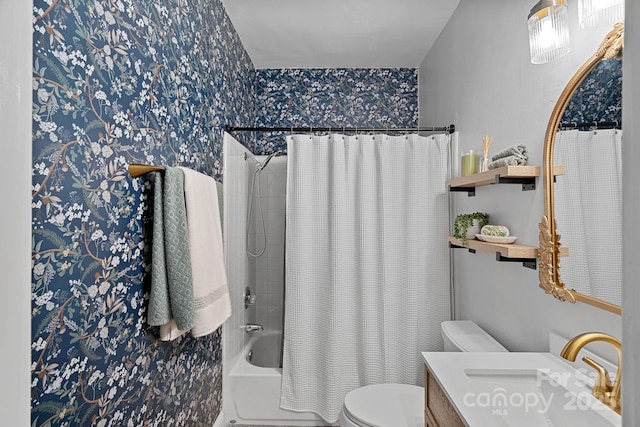 bathroom featuring wallpapered walls, toilet, vanity, and shower / bath combination with curtain