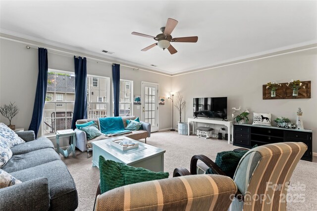 12905 Bullock Greenway Blvd, Charlotte, NC 28277 - living area featuring light carpet, crown molding, and ceiling fan