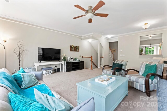 12905 Bullock Greenway Blvd, Charlotte, NC 28277 - carpeted living room with crown molding and ceiling fan