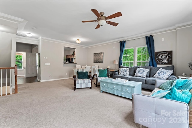 12905 Bullock Greenway Blvd, Charlotte, NC 28277 - living area featuring a healthy amount of sunlight, ceiling fan, ornamental molding, and carpet
