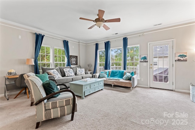 12905 Bullock Greenway Blvd, Charlotte, NC 28277 - living room with crown molding, carpet flooring, a ceiling fan, and visible vents