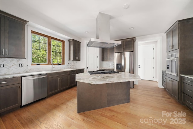 29 Wild Deer Trl, Zirconia, NC 28790 - kitchen featuring stainless steel appliances, island range hood, dark brown cabinets, and recessed lighting