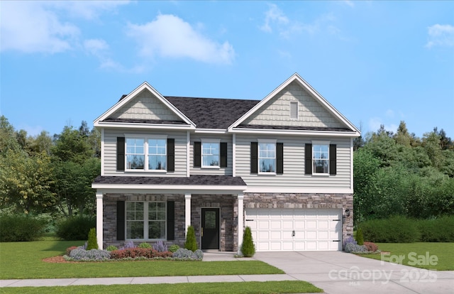 craftsman-style house featuring stone siding, a garage, a front yard, driveway, and a shingled roof