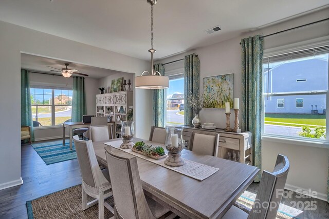 dining space with baseboards, visible vents, wood finished floors, and ceiling fan
