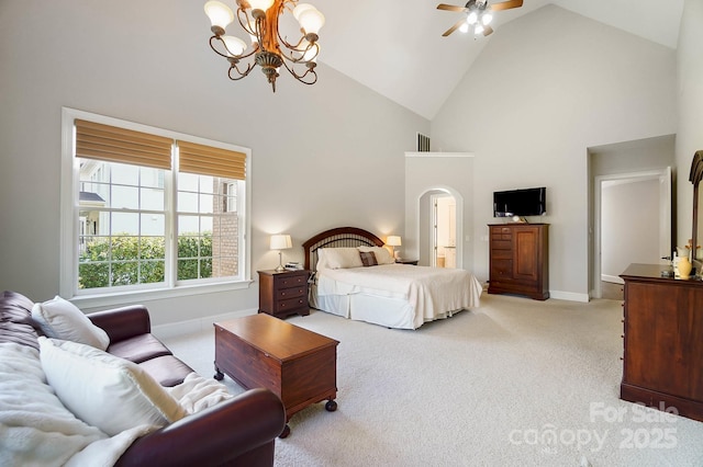 1404 Churchill Downs Dr, Waxhaw, NC 28173 - bedroom featuring light colored carpet, an inviting chandelier, high vaulted ceiling, baseboards, and visible vents