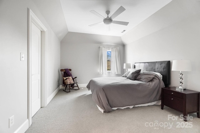 1404 Churchill Downs Dr, Waxhaw, NC 28173 - bedroom with carpet floors, a ceiling fan, baseboards, lofted ceiling, and visible vents