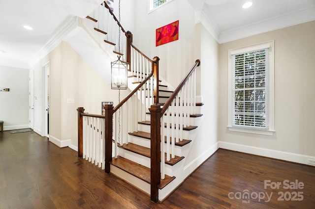 1404 Churchill Downs Dr, Waxhaw, NC 28173 - stairs with crown molding, recessed lighting, baseboards, and wood finished floors