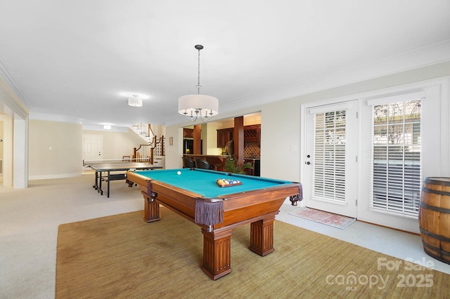 1404 Churchill Downs Dr, Waxhaw, NC 28173 - recreation room featuring pool table, light colored carpet, ornamental molding, and baseboards