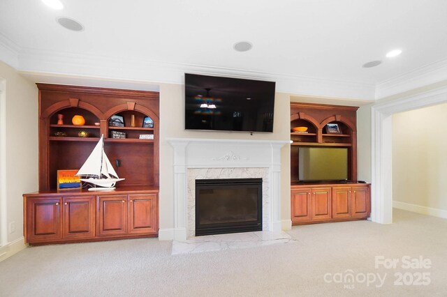 1404 Churchill Downs Dr, Waxhaw, NC 28173 - living room with carpet floors, baseboards, crown molding, and a fireplace