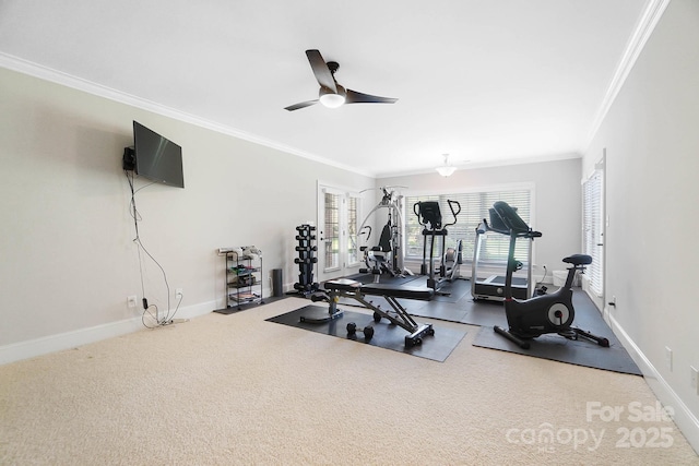 1404 Churchill Downs Dr, Waxhaw, NC 28173 - exercise area with crown molding, baseboards, ceiling fan, and carpet floors