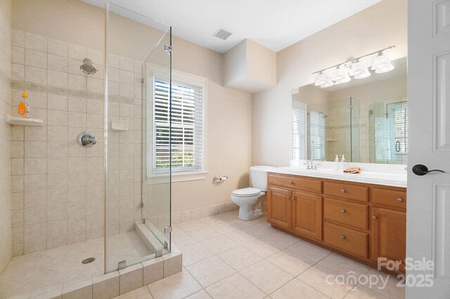 1404 Churchill Downs Dr, Waxhaw, NC 28173 - bathroom with tile patterned flooring, vanity, toilet, a shower stall, and visible vents