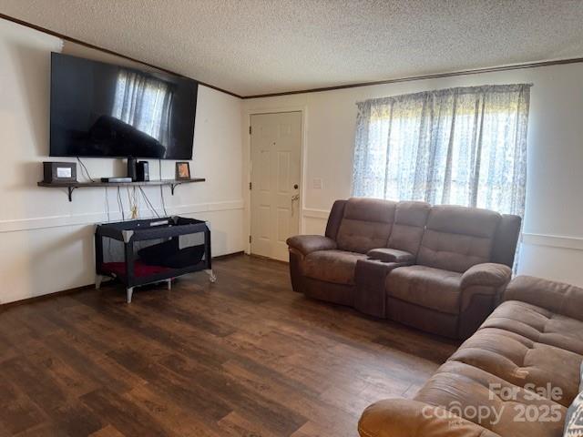 5061 Windy Woods Rd, Morganton, NC 28655 - living area featuring a textured ceiling and dark wood-style flooring
