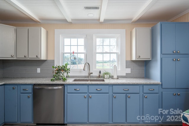 kitchen featuring blue cabinets, dishwasher, and a sink