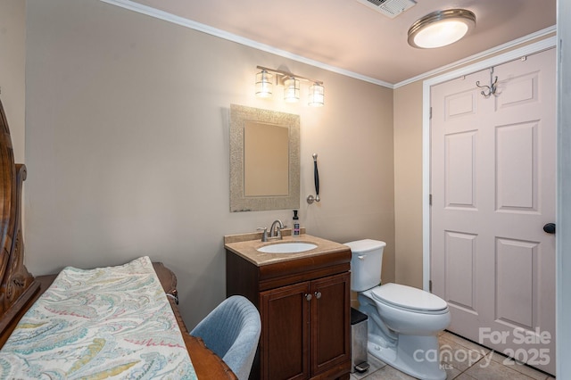 half bathroom featuring crown molding, vanity, tile patterned flooring, visible vents, and toilet
