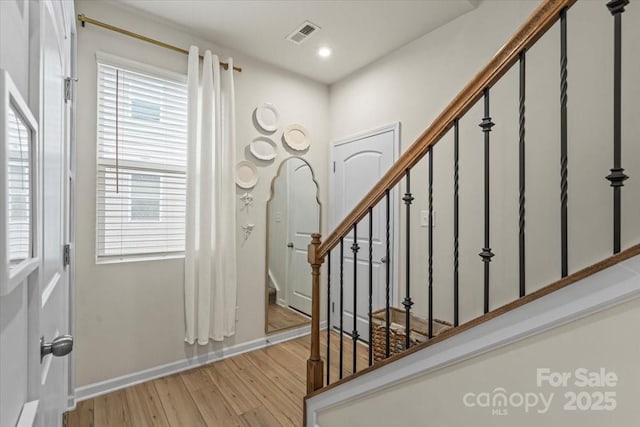 1354 Galloway Rd, Charlotte, NC 28262 - entryway with visible vents, recessed lighting, wood finished floors, stairs, and baseboards