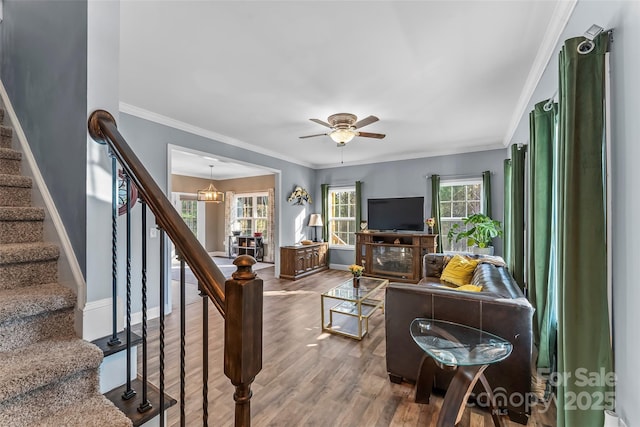 1294 Saylor Way, Nebo, NC 28761 - living area with baseboards, a ceiling fan, crown molding, stairway, and wood finished floors