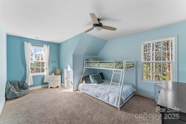 1294 Saylor Way, Nebo, NC 28761 - bedroom featuring baseboards, vaulted ceiling, carpet floors, visible vents, and ceiling fan