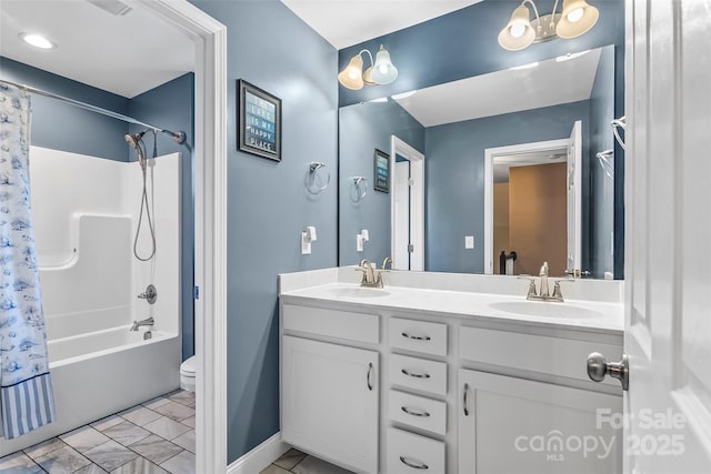 1294 Saylor Way, Nebo, NC 28761 - bathroom with toilet, double vanity, a sink, and shower / tub combo with curtain