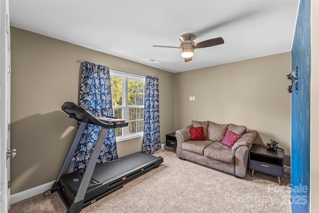 1294 Saylor Way, Nebo, NC 28761 - exercise room featuring visible vents, ceiling fan, carpet flooring, and baseboards