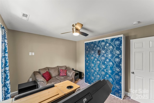 1294 Saylor Way, Nebo, NC 28761 - living room featuring carpet flooring, baseboards, a ceiling fan, and visible vents